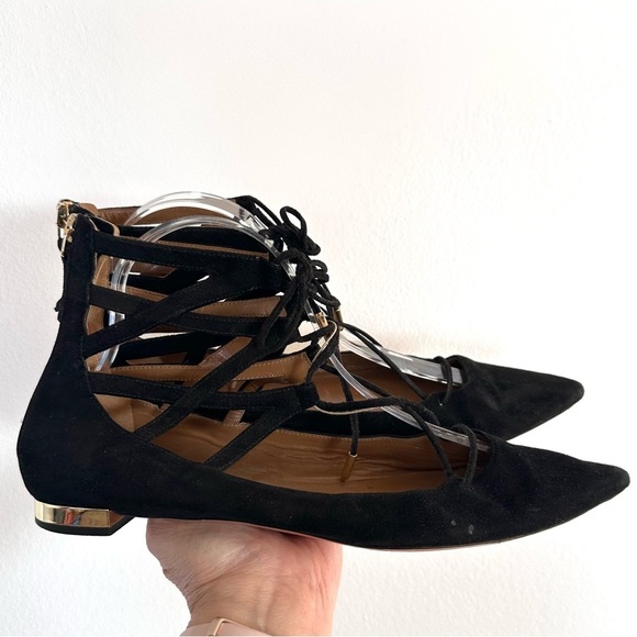 Aquazzura Belgravia Black Lace-Up Women's Flats - Picture 3 of 9